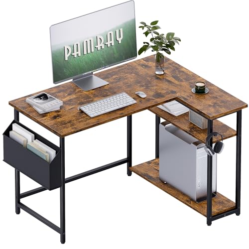 Pamray 40 Inch L Shaped Computer Desk with Reversible Side Storage Shelves, Small Corner Desk for Small Space Home Office, Writing Study Table PC Desk for Bedroom, Vintage - color: Vintage, size: 40 Inch