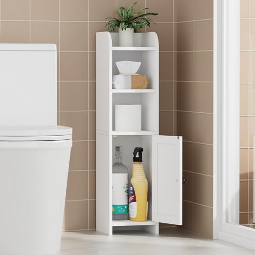 Homhedy Small Bathroom Storage Corner Floor Cabinet with Door and Shelves, Beside The Toilet Paper Stand for Skinny, Narrow Toilet Paper Cabinet, 9.8" D x 7.9" W x 31" H, White - color: White, size: 9.8"D x 7.9"W x 31"H