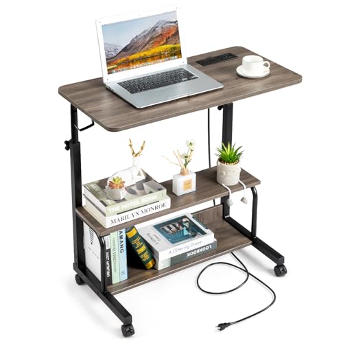 Karl home 31.5" Portable Rolling Desk on Wheels,Height Adjustable Standing Desk with 2 AC Outlets/3 USB Ports,Mobile Laptop Table with Hooks and Storage Shelves for Home Office，Grey Oak - color: Grey Oak, size: 31.5"+Power Sockets