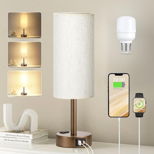 Fenmzee Brown Bedside Table Lamp for Bedroom - 3 Way Dimmable Touch Lamp USB C Charging Ports and AC Outlet, Small Lamp Round Flaxen Cream Fabric Shade for Living Room, Desk, LED Bulb Included - color: Cream - Brown, size: 14" Touch Control