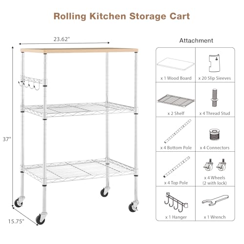 BolDuck 450Lbs Capacity Microwave Cart with Wheels, 3 Tier Rolling Cart with Adjustable Shelves, Multifunctional Metal Utility Storage Kitchen Carts on Wheels, 23.6" L*15.7" W*37" H, Wood+Chrome - size: 23.6"L*15.7"W*37"H with Adjustable Shelves
