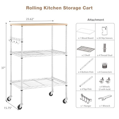 BolDuck 450Lbs Capacity Microwave Cart with Wheels, 3 Tier Rolling Cart with Adjustable Shelves, Multifunctional Metal Utility Storage Kitchen Carts on Wheels, 23.6" L*15.7" W*37" H, Wood+Chrome - size: 23.6"L*15.7"W*37"H with Adjustable Shelves