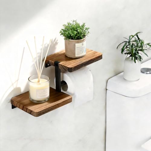 YIGII Toilet Paper Holder with Shelf - Self Adhesive Wooden Tissue Paper Roll Holder, Bathroom Wall Mounted Toilet Paper Roll Holder with Wipes Storage