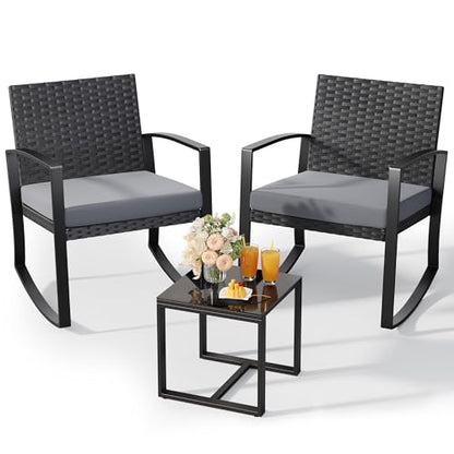 Qsun 3 Pieces Patio Furniture Set Rocking Bistro Set Outdoor Rattan Conversation with Coffee Table for Garden Balcony Backyard Poolside (Grey Cushion) - color: Grey