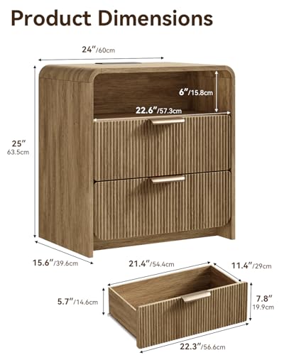 24" Fluted Nightstand with Charging Station, Bedside Table with Metal Handle, NightStand with 2 Drawer and Shelf, End Table for Bedroom, Curved Profile, Light Walnut - color: Light Walnut-2 Drawers, size: 2 Drawers