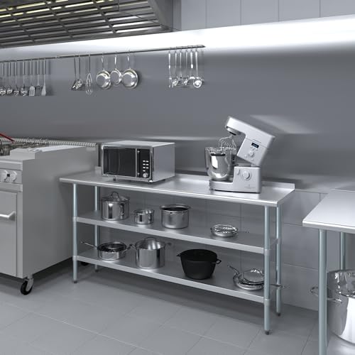 AmGood Stainless Steel Work Table with 1.5" Backsplash and 2 Shelves | Metal Kitchen Food Prep Table | NSF (72" Long x 18" Deep) - size: 72" Long x 18" Deep