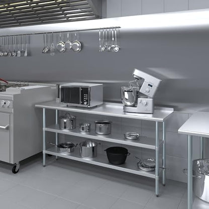 AmGood Stainless Steel Work Table with 1.5" Backsplash and 2 Shelves | Metal Kitchen Food Prep Table | NSF (72" Long x 18" Deep) - size: 72" Long x 18" Deep