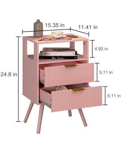 Leomonio Pink Nightstand,Modern Bedside Table with 2 Storage Drawer and Open Wood Shelf, for Bedroom and Small Spaces,Night Stand with Solid Wood Legs - color: Pink