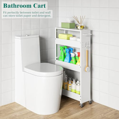 XYZLVSI Slim Storage Cart, Narrow Kitchen Rolling Cart for Small Spaces | 5.9" W skinny storage cart, 12.4" bottom metal utility cart with 360° swivel wheels for bathroom/laundry, slim shelf, white - size: 5.9IN-White