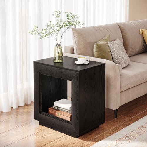 Tribesigns Rustic Wood End Table, 2 Tiered Square Side Table with Storage Shelf, Industrial Sofa Side Table for Living Room, Entrance (Rustic Brown) (1) (1, Black) - color: Black