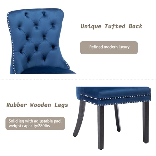 KCC Velvet Dining Chairs Set of 2, Upholstered High-end Tufted Dining Room Chair with Nailhead Back Ring Pull Trim Solid Wood Legs, Nikki Collection Modern Style for Kitchen, Blue - color: Blue, size: Set of 2