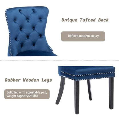 KCC Velvet Dining Chairs Set of 2, Upholstered High-end Tufted Dining Room Chair with Nailhead Back Ring Pull Trim Solid Wood Legs, Nikki Collection Modern Style for Kitchen, Blue - color: Blue, size: Set of 2
