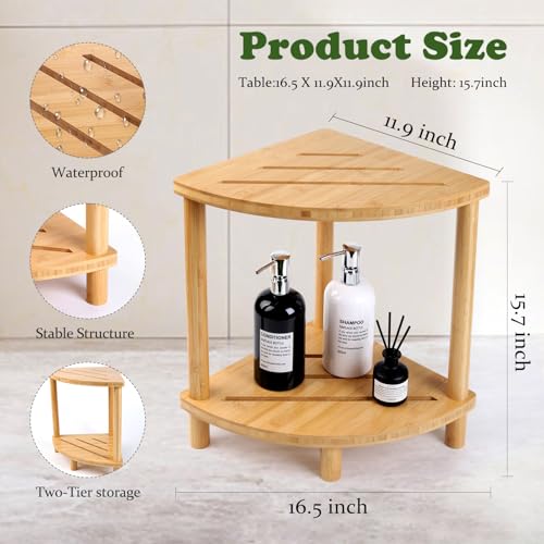Upgraded Bamboo Corner Shower Stool for Inside Shower Waterproof,2-Tier Shower Foot Rest with Storage Shelf,Corner Shower Shelf Bench Caddy Shaving Leg,Bath Seat,Gifts for Women Mom - style: GU-QZST05