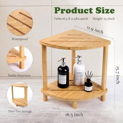 Upgraded Bamboo Corner Shower Stool for Inside Shower Waterproof,2-Tier Shower Foot Rest with Storage Shelf,Corner Shower Shelf Bench Caddy Shaving Leg,Bath Seat,Gifts for Women Mom - style: GU-QZST05
