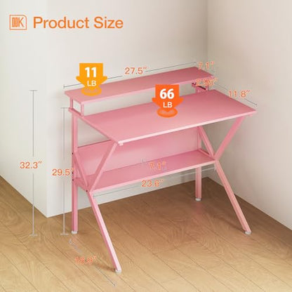 ODK Small Desk, 27.5 Inch Computer Desk for Small Spaces, Study Desk with Storage & Monitor Stand, Pink - color: Pink