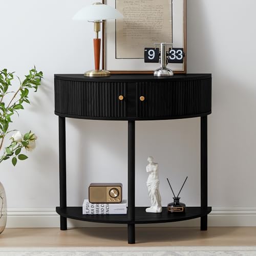 XUZENEST Fluted Half Moon Console Table, Modern Small Entry Table Sofa Table with Storage, Solid Wood Legs Narrow Entryway Table for Living Room, Hallway, Foyer(Black) - color: 31.5 Black