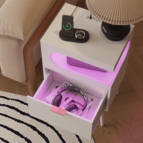 Veegle Nightstand,Modern Bedside Table with Storage Drawer and Open Wood Shelf, Accent Night Stand with Solid Wood Legs for Living Room, Bedroom and Small Spaces,Easy Assembly (White-1) - color: White-1