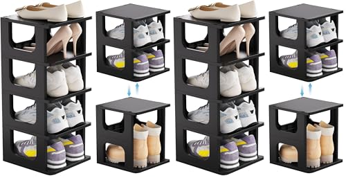HAIXIN Shoe Organizer Rack for Small Spaces 5 Tier Plastic Vertical Narrow Shelves for Closet Black Shoe Holder, Stand for Entryway Storage Boots Organizer Stackable Cabinet (Pack of 2) - color: Black, size: 5 Tier (Pack of 2)