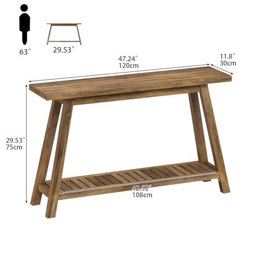 47.2" Farmhouse Entryway Table, 2-Tier Modern Wooden Console Sofa Table with Open Storage, Long Narrow Accent Table for Entrance, Foyer, Hallway, Living Room & Behind Couch (Brown)