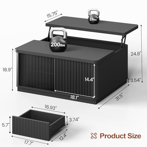 Itaar 39.4'' Lift Top Coffee Table with Storage, Fluted Coffee Tables for Living Room, Square Coffee Table with Large Hidden Compartment & 2 Drawrs & Adjustables Shelves, Black - color: Black
