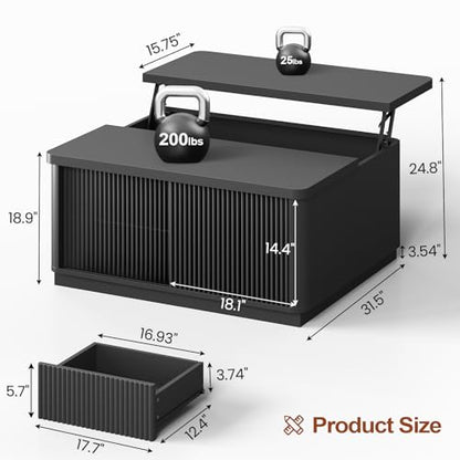 Itaar 39.4'' Lift Top Coffee Table with Storage, Fluted Coffee Tables for Living Room, Square Coffee Table with Large Hidden Compartment & 2 Drawrs & Adjustables Shelves, Black - color: Black