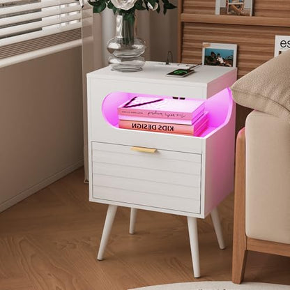 Veegle Nightstand,Modern Bedside Table with Storage Drawer and Open Wood Shelf, Accent Night Stand with Solid Wood Legs for Living Room, Bedroom and Small Spaces,Easy Assembly (White-1) - color: White-1