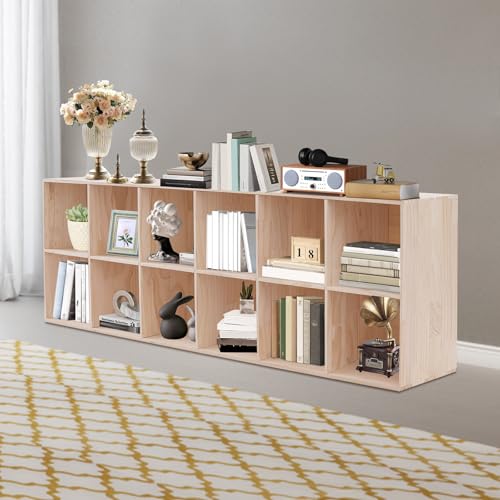 12 Cube Storage Organizer, Solid Wood Cube Bookcase with Open Design, Modern Floor Standing Bookshelf for Home Office Libraries Study Room, Vertically or Horizontally, 70.9" x 12" x 24"