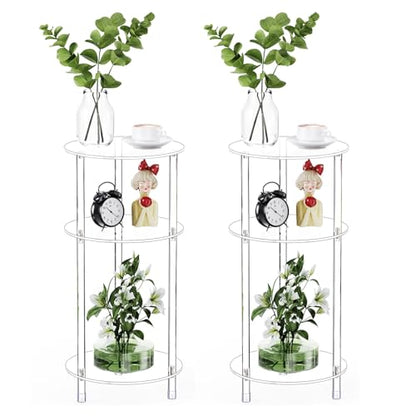 Clear Round Acrylic Side Table Set of 2 for Small Spaces, 11.81" L x 11.81" W x 24.6" H, 3 Tier Small Drink End Table Nightstand, Minimalist Bedside Table for Living Room, Bedroom, Bathroom - size: 3 Tier 2-Pack (24.6"H)