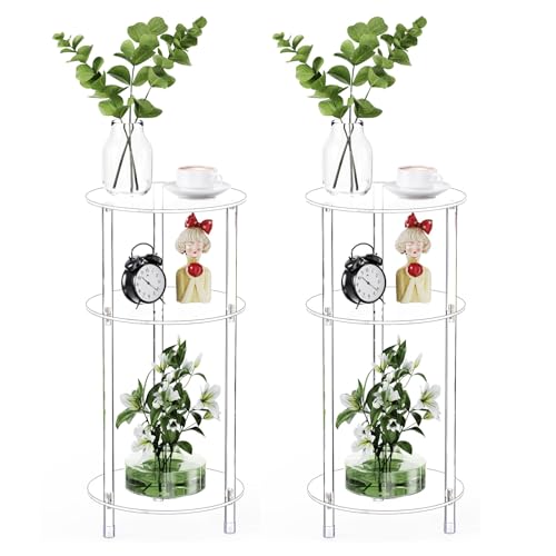 Clear Round Acrylic Side Table Set of 2 for Small Spaces, 11.81" L x 11.81" W x 24.6" H, 3 Tier Small Drink End Table Nightstand, Minimalist Bedside Table for Living Room, Bedroom, Bathroom - size: 3 Tier 2-Pack (24.6"H)
