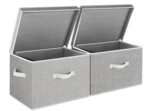 StorageWorks Fabric Storage Bins with Lid, Decorative Storage Boxes for Shelves, Stackable Closet Organizer Basket with Handles, Jumbo, Gray, 2-Pack | Flip-Top Lid, 3 Handles, Collapsible, Stackable, for Clothes Blankets, Multi-Purpose, Jumbo, Gray, 2-Pac