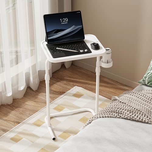 TUTOTAK C Shaped End Table with Tiltable Surface, Adjustable Height Side Table, Slide Under Couch Table TV Tray for Eating, Sofa Tray for Livingroom, Bedroom White TB01BW091 - color: White
