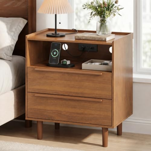 26 Inch Tall Warm Walnut Nightstand with Charging Station, 2 Drawers | 24 inch wide, 16 inch deep design with raised-edge tray top, open shelf, hidden storage, and mid century appeal - color: Warm Walnut