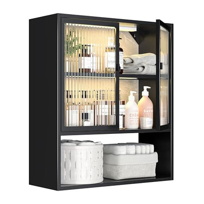 Metal Bathroom Wall Cabinet with Glass Doors | Medicine Cabinet with 2 LED Light, Metal Wall Mounted Cabinet with Open Shelf for Laundry Room, Black - style: Half Glass Door Black