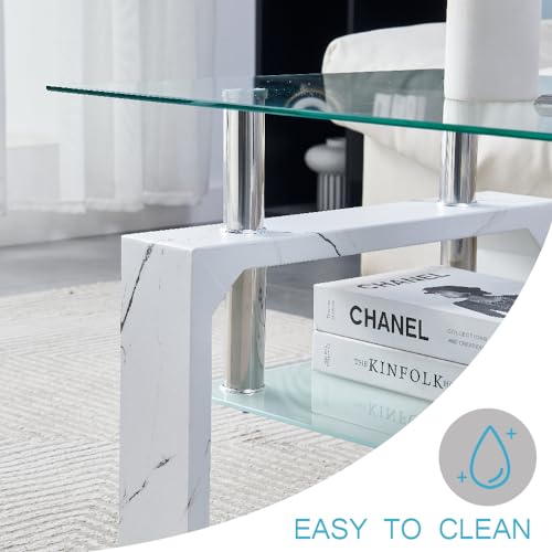 Btrpily Living Room Rectangle Coffee Table, Tea Table Suitable for Waiting Room, Modern Side Coffee Table with Wooden Leg, Glass Tabletop with Lower Shelf, Marble - color: Marble