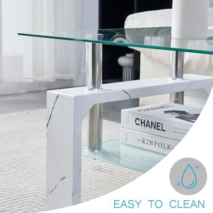 Btrpily Living Room Rectangle Coffee Table, Tea Table Suitable for Waiting Room, Modern Side Coffee Table with Wooden Leg, Glass Tabletop with Lower Shelf, Marble - color: Marble