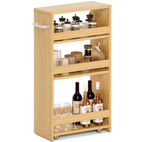 MARTY Rolling Storage Cart 8” Wide Laundry Storage Between Washer and Dryer | Slim Storage Cart with Wheels, Wood Narrow Laundry Storage Cart, Shelving Utility Cart for Kitchen Bathroom Laundry, Maple - color: Maple, size: 7.9"D x 15.75"W x 31.5"H