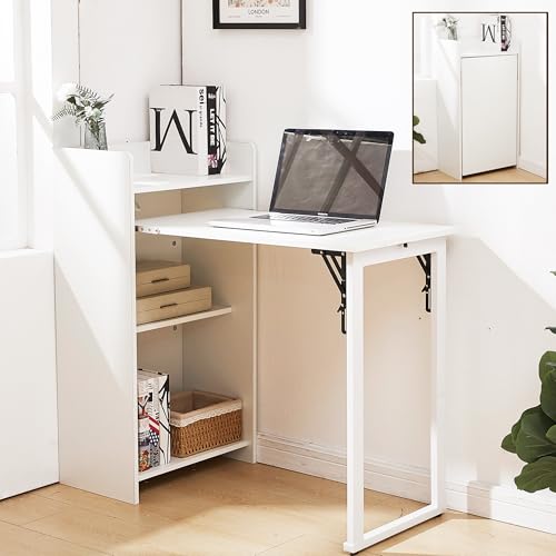 Fold Out Desk,Hidden Desk with Built-in Outlet, Foldable Desk with Storage for Small Spaces,Home Office and Bedroom (White) - color: White, size: 18"D x 39.3"W x 37.4"H