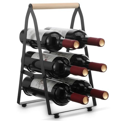 6 Bottle Wine Rack Countertop Black Metal Freestanding Wine Bottle Holder Stand Organizer for Kitchen, Cabinet, Pantry Storage, No Assembly Required