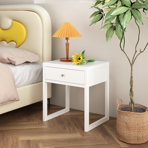 Modern Minimalist White Nightstand with Drawer - Compact Bedside Table for Small Spaces, Easy Assembly, Sturdy MDF Wood, Smooth Painted Finish - Perfect for Bedroom or Apartment