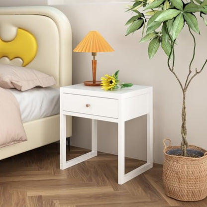 Modern Minimalist White Nightstand with Drawer - Compact Bedside Table for Small Spaces, Easy Assembly, Sturdy MDF Wood, Smooth Painted Finish - Perfect for Bedroom or Apartment
