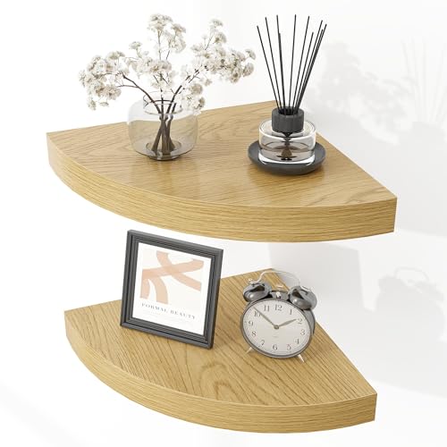 Fun Memories Floating Corner Shelves Set of 2 - Rustic Wood Wall Mounted Storage and Display Shelves for Living Room, Bedroom, Kitchen, Bathroom - Space Saving Home Decor, Oak - color: Oak - Set of 2