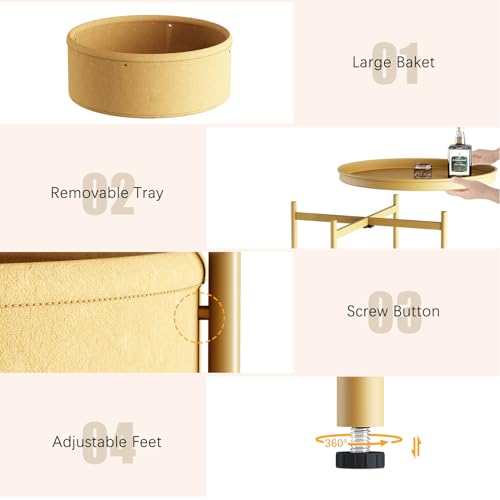 Garden 4 you Side Table with Fabric Storage Basket, Round Metal End Table, Small Bedside Table Nightstand with Removable Tray, for Nursery, Living Room, Bedroom, Bathroom, Gold - color: Gold