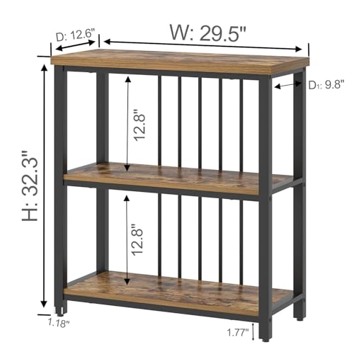 FOLUBAN 3 Tier Bookshelf, Industrial Wood and Metal Bookcase, Small Book Shelf for Home Office Bedroom Living Room, Rustic Brown - color: Brown, size: 12.6"D x 29.5"W x 32.3"H