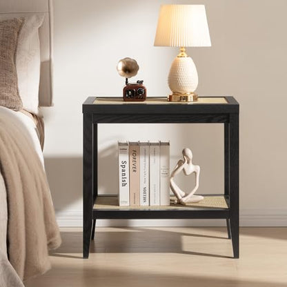 SICOTAS Rattan Nightstand Bedside Table - Farmhouse Boho Narrow Accent End Table with 2 Open Shelves for Bedroom, Living Room, Small Spaces - Black Oak - color: Black Oak, size: 1 Piece