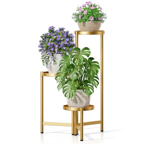 3 Tier Gold Plant Stand Indoor with 7.9 Inch Wide Tray, 3-Tiered Corner Metal Outdoor Flower Holder Stand, Folding Tall Rack for Display Shelf for Patio Porch Balcony - GoldDisk - color: GoldDisk, size: 3-tiers