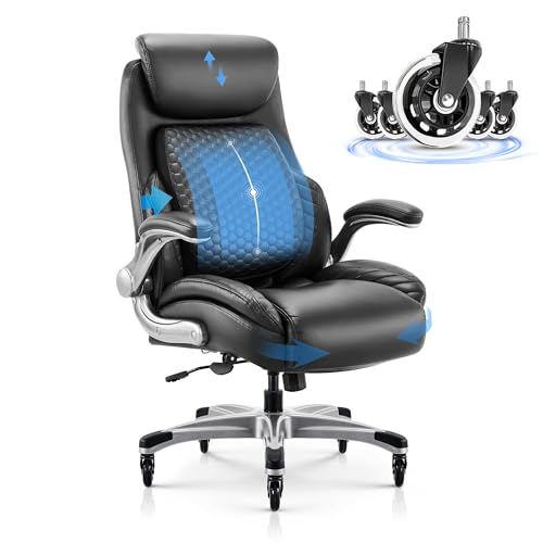 COLAMY Office Ergonomic Desk High Back Executive Chair with Pop-Out Lumbar Support, Upgraded Casters, Adjustable Headrest, Flip-Up Arms, Leather Home with Thick Cushion for Comfort - Black - color: Black, size: 1PC