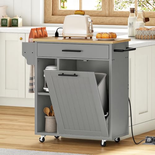 HOOBRO Kitchen Island with Trash Can Storage, Rolling Kitchen Island on Wheels, Mobile Island Cart with Power Outlet, Islands Table for 10 Gallon Garbage Bin, White and Grey GN80UZD01G1 - color: Natural + Grey