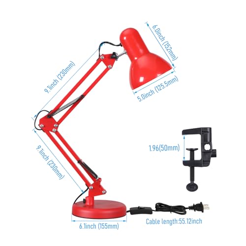 TORCHSTAR Metal Desk Lamp, Adjustable Swing Arm, E26, Red | Architect Gooseneck Multi-Joint Clip Table Lamp with Plastic Clamp, for Home Office, Work, Study, Reading, Bulbs not Included - color: Red