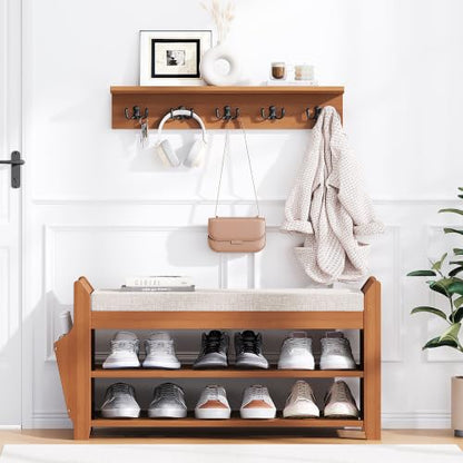 PETKABOO 31.5" Shoe Bench with Coat Rack Hidden Drawer and Side Holder, 2 Tier Entryway Bench with Storage 39.4 in, Bamboo Shoe Rack with Cushion for Entryway Hallway Living Room Bedroom - size: 31.5 in with Hook