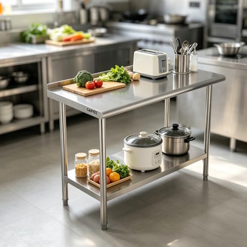 Garvee Stainless Steel Curved Edge Work Table 60 inch Double Layer with Backsplash, Heavy Duty Commercial Prep Table with Hook, 0.7mm Thick - size: 60*24*35 inch - with back panel